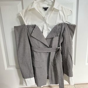 Plaid and white illusion vest blouse with shoulder cut out
